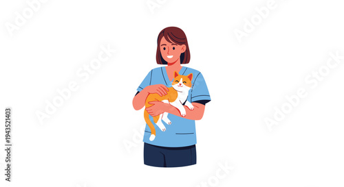 A cheerful female veterinarian with short brown hair, dressed in blue scrubs, gently holds a ginger and white cat in her arms against a clean white background.