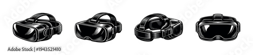 Monochrome illustration of virtual reality headsets vector set in black and white style