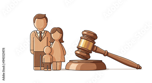 A pixel art illustration shows a wooden gavel on its sound block next to three light brown wooden figures representing a family with one child.