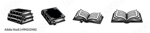 Vintage black and white book illustrations set featuring open and closed books