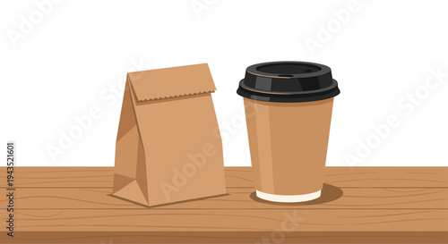 A pixel art style illustration features a brown paper bag and a disposable coffee cup with a black lid sitting on a wooden table against a white background.