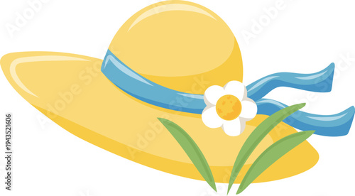 Yellow straw hat with blue ribbon and daisy flower isolated vector illustration
