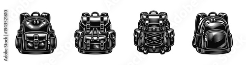 Set of four vintage backpack illustrations in black and white vector style