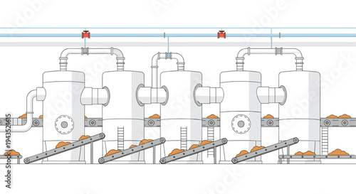 An industrial illustration features multiple large, white, cylindrical processing tanks connected by pipes, with conveyor belts moving brown granular material between them in a manufacturing setting.