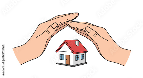 Two human hands are depicted forming a protective, arched roof-like shape over a small, simple house with a red roof and blue windows on a plain white background.