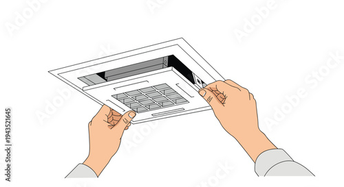 Two hands are shown in an angled view, carefully removing a filter from an open square white air vent, revealing the internal components during a maintenance procedure.