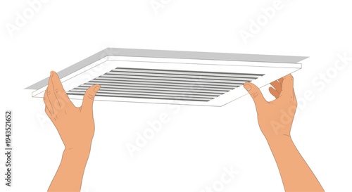 Two human hands are shown from a slightly angled low perspective, carefully holding a square white air vent cover with a grid pattern, preparing to install it into a ceiling opening.