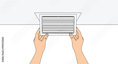 Two human hands are depicted from a top-down view, carefully holding a white rectangular air vent cover with horizontal slats, preparing to install it into a light grey ceiling opening.