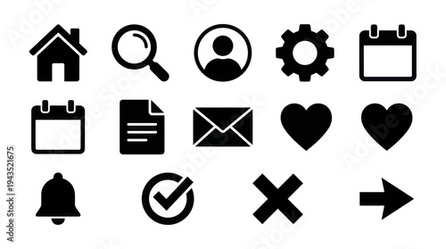 Collection of essential black silhouette web and app interface icons.
