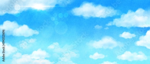 Tableau sur toile 清々しい青空と雲と太陽の光が美しい爽やかな水彩イラスト