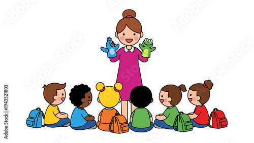 Enchanting puppet show: A vibrant classroom scene unfolds as a dedicated educator captivates a group of young learners with a captivating puppet show, fostering imagination and wonder.
