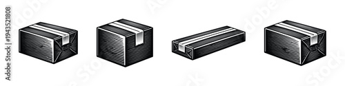 Vector illustration of monochrome cardboard boxes in different shapes silhouette