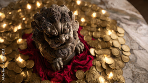 A stone statue of a guardian lion, surrounded by gold coins, resting on a red fabric