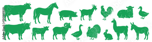 Comprehensive collection of green farm animal silhouettes featuring cattle livestock poultry and barnyard animals for agriculture and meat industry icons set isolated on white
