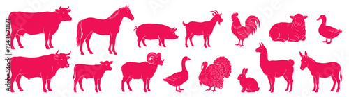 Comprehensive farm animal silhouette collection featuring cow horse pig goat and poultry icons for agriculture and livestock industry vector illustration set isolated on white