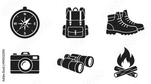 Collection of Outdoor Adventure and Camping Gear Icons.
