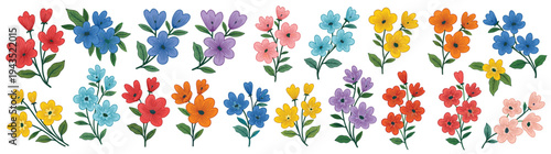 Hand Drawn Watercolor Flower Bouquet Set with Colorful Spring Floral Elements and Summer Garden Blossoms for Wedding Invitation Greeting Card and Decorative Design Isolated on White