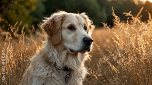 Golden Retriever Dog in Golden Hour Field, Warm Sunlight, Autumn Nature