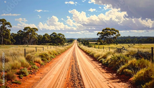A straight, unpaved road stretches toward the horizon, flanked by fields, trees and a cloudy sky. The path is deeply worn