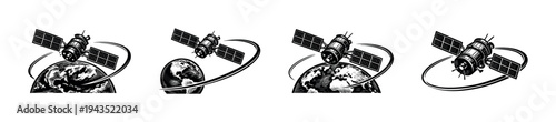 Vintage satellite and earth illustration set black and white clipart