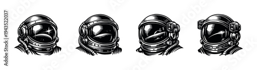 Set of four black and white astronaut helmet vector illustrations silhouette