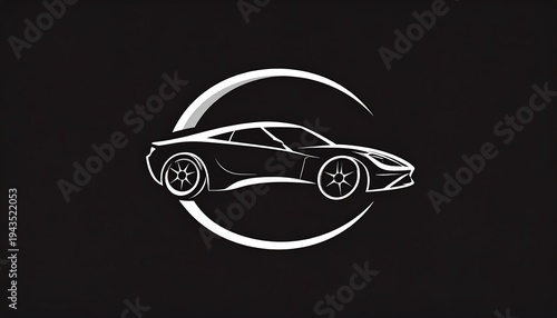 A sleek, white sports car silhouette is encased by a white crescent moon on a black background. Simple, modern, and stylish design