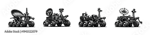 Futuristic space rover illustrations in black and white vector style set of four