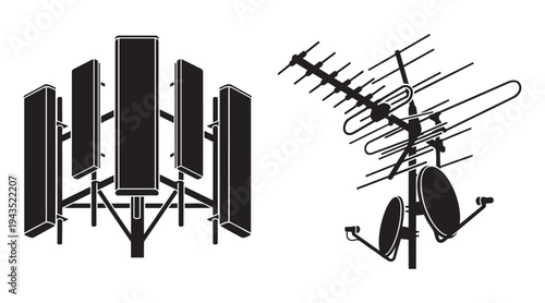 Cell tower and tv antenna receiver vector illustration isolated on transparent background