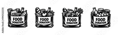 Black and white vector illustration of food donation bags with groceries