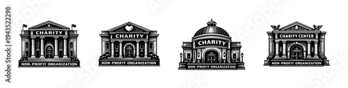 Charity organizations building silhouette set vector illustration black and white design