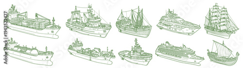 Gemini said
Set of hand drawn green ship and vessel sketches including cargo cruise sailing and tanker boats isolated on white for maritime logistics transportation and nautical graphic design project