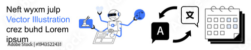 AI technology, language translation, automation, workflow management, digital communication, task scheduling. Robot multitasking with tech icons. AI technology and language translation ion