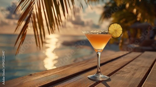 Tropical cocktail with lime on wooden deck by swimming pool at sunset
