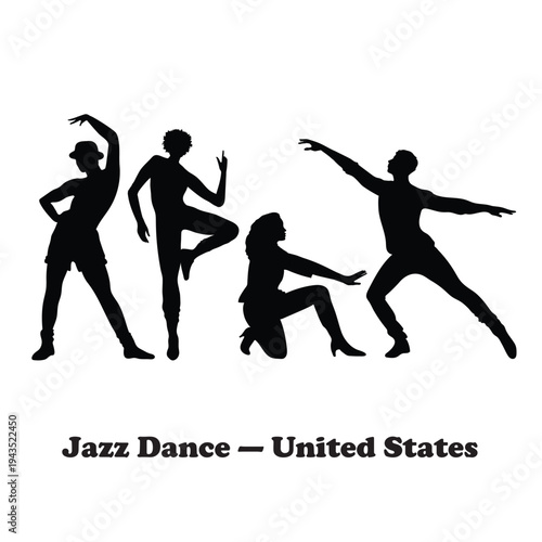 Quadro su tela Jazz Dance Silhouettes and United States Cultural Performance Text