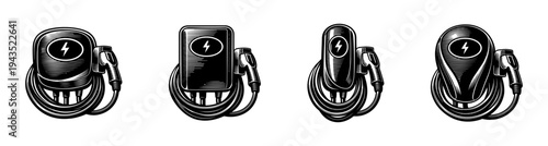 Collection of electric vehicle chargers in vintage engraving style illustration