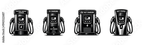 Electric vehicle charging station illustrations set in black and white silhouette style