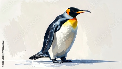 A single penguin stands tall, exhibiting vibrant yellow, orange, and black plumage. It rests on a simple white surface, the background showing a light splash