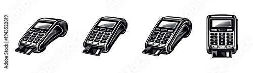 Vintage point of sale terminal illustration set black and white vector silhouette