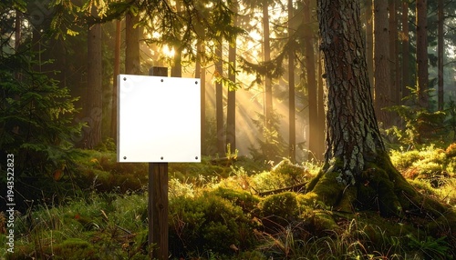 A sign with an empty white surface, is set within a sun-dappled forest scene, surrounded by trees and greenery