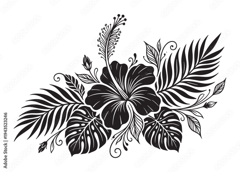 Fototapeta premium Artistic black tropical floral vector illustration isolated on transparent background