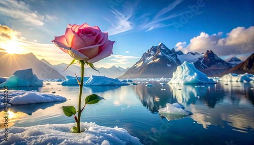 A single pink rose blooms amidst icebergs and snowy ground, with a majestic mountain range backdrop under a bright sky