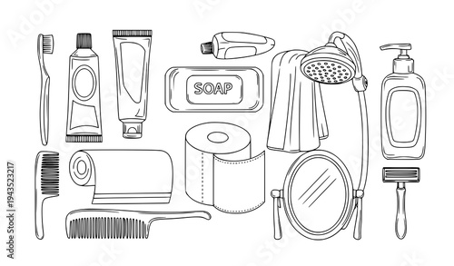 Bathroom hygiene items outline vector collection with toothbrush soap shampoo and towel isolated on white
