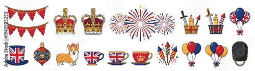 British Royal Celebration Icon Set with Union Jack Crown Corgi Tea Cups Fireworks and Party Elements for Kings Coronation and National Jubilee Isolated on White Vector Illustration