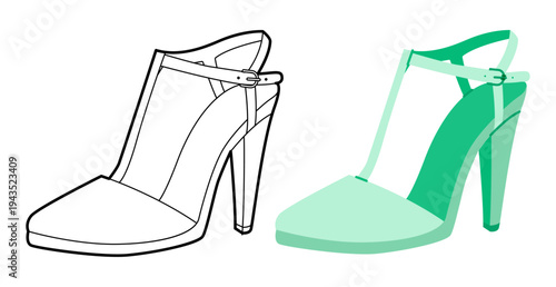 T bar pump women mint heel flat plus line set. Strap front vintage dress footwear for wedding retro fashion, special day. Technical illustration, CAD mockup, mixed vector men unisex isolated style.