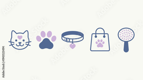 Pet accessories and cat face icons.