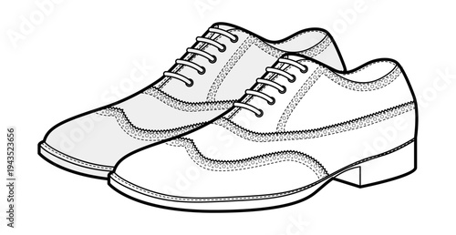 Wingtip mens brogue shoes sketch pair. Perforated leather footwear with classic wingtip detail smart dress style. Technical illustration CAD mockup sketch vector women unisex outline isolated.