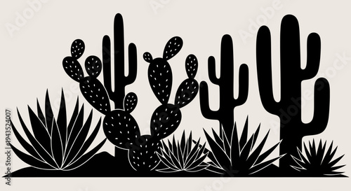 Silhouette of desert plants including saguaro cacti and agave plants.