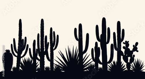 Silhouette of diverse desert cacti and succulents under a pale sky.