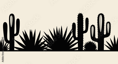 Silhouettes of desert plants and cacti in a seamless border design.