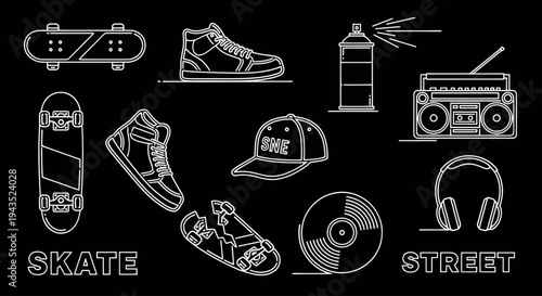 Skate and Street Culture Elements Outline Drawing Collection.